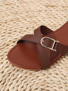 Damen Lässig Cross-Band Flache Slide Sandalen, Metall-Schnallen-Dekor, offene Zehenpartie, modisch und bequem für den täglichen Gebrauch, Strand & Urlaub, Sommer Essentiell, leicht, Material Kunstleder, Freizeitschuhe, Urlaubsreiseschuhe, Festival-Feiertagsschuhe, Neuankömmling für den Sommer, Beliebte Modepantoletten, Kreuz-Riemen-Element, empfohlene Flache Slide Sandalen