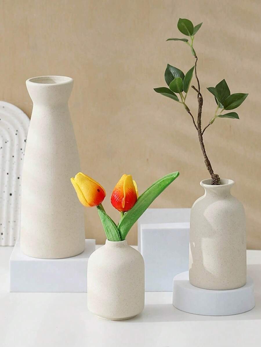 1-3pcs Ceramic Vase Set, Trumpet Mouth Design With Wide Body, Suitable For Flower Display, Living Room Decor, Corner Display, Dining Table Center Piece, Compatible With Dried Flowers, Modern Scandinavian Style Frosted Exhibition Vase, Multiple Colors Available Gifts Birthday Graduation Home Decor Flower Vase Glass Vase