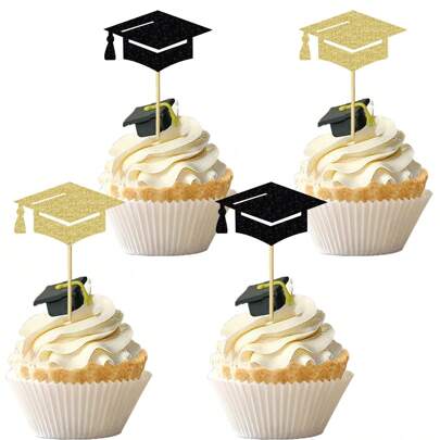 12/24pcs Graduation Cupcake Topper - Glitter Graduation Cap Graduation Diploma Cupcake Topper- Class Of 2025 Graduation Party Cake Decorations