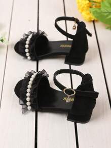 1 Pair Black Plus Size Toddler/Little Girls' Glittery Faux Pearl Decor Velvet PU Mesh Backstrap Strap Buckle Open Toe Chunky Heel Sandals, Suitable For 3-15 Years Old Girls, Daily, Casual, Holiday, Party, Spring/Summer 2026 - Black - View 5