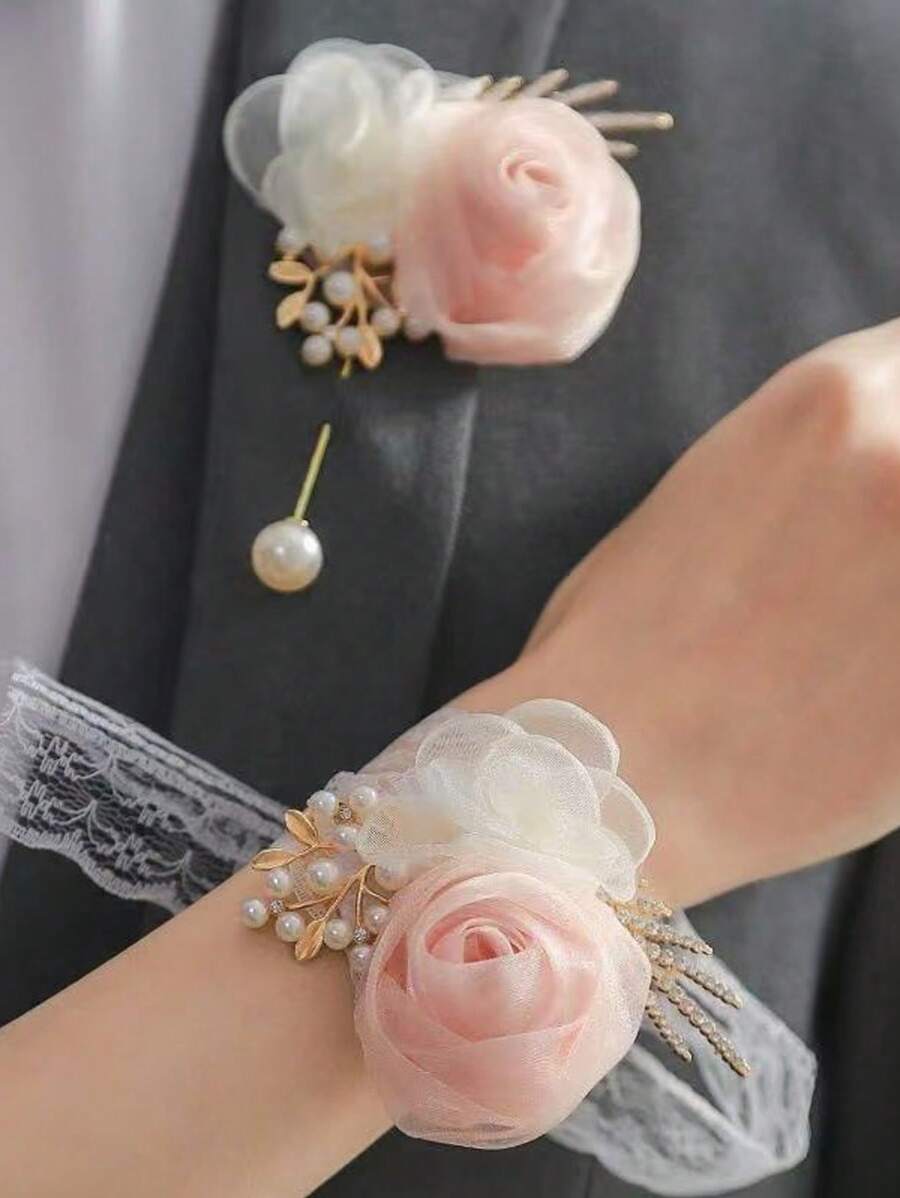 2 件花卉印花波西米亚涤纶胸花腕花套装，适合所有季节，新娘腕花和新郎胸花，适合婚礼 - 彩色 - 查看 1