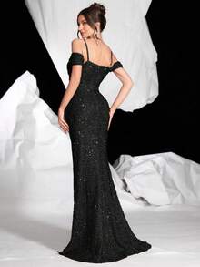 Đầm dạ hội đính sequin hở vai, dây mảnh, dáng đuôi cá xẻ tà, có lớp lót, thích hợp dự tiệc cocktail, đám cưới, mùa xuân, nghỉ dưỡng, màu đen thanh lịch. - màu đen - Xem 2