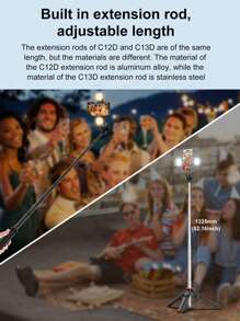 AXNEN Tripé de Selfie Portátil de 51" com Luz de LED, Rotação de 360°, Suporte de Celular Destacável, Tripé de Celular Versátil Extensível e Retrátil com Controle Remoto Sem Fio Compatível com iPhone e Smartphones Android/Câmera/GoPro