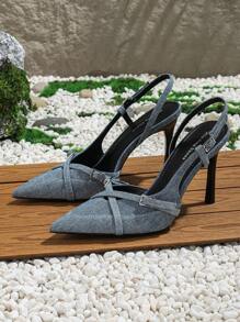 Xin Jing Shoes 女士高跟鞋，尖头，细高跟，镂空，凉鞋，优雅，派对 - 藍色 - 查看 3