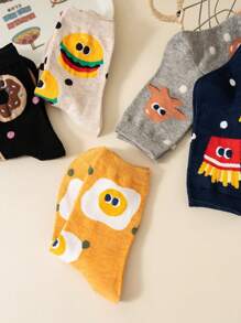 3 Pairs Random Assorted Colors Kids Socks Cartoon Cute Hamburger & Fries Pattern Boys Girls Versatile Mid-Calf Socks - Multicolor - View 8