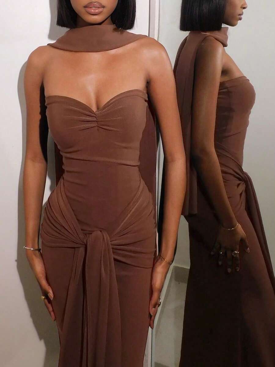 Off Shoulder Backless Bodycon Lace-Up Long Dress, Sexy & Figure-Hugging - Brown - View 1