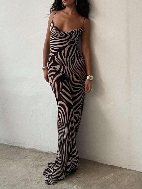 Sexy Elegant Plunging Neckline Slim Fit Maxi Dress With Zebra Print, Feminine Elegant, Suitable For Vacation & Daily Wear