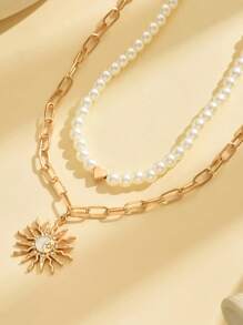 2pcs Bohemian Style Multi-Layer Pearl Heart & Sun Pendant Beaded Necklace, Suitable For Women Beach Vacation Wear