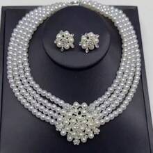 Fashionable Crystal Flower Pearl Necklace And Clip-On Earrings Set - White - View 6