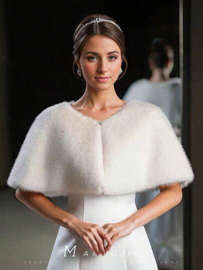 1 件女式象牙色仿皮毛狐狸毛披肩斗篷派对婚礼正式礼服外套