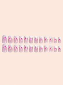 1 Box 24pcs Short Rectangle Middle-East Style Fashion Press-On Nails With Pink Flower Pattern And Glitter Trim, Suitable For Women Party, Festival Occasions And Daily Gathering, Includes 1 Nail File & 1 Jelly Gel Nail Decoration