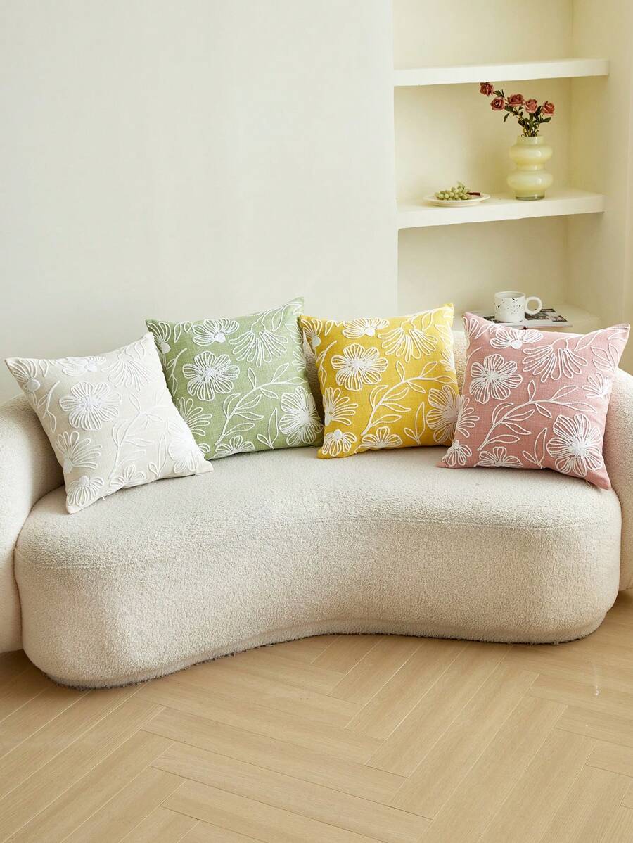 1pc Green Flower & Leaf Embroidered Decorative Pillow Cover, Suitable For Indoor Decor, 4-Season, Without Insert