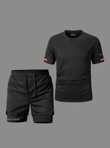 Conjunto de ropa deportiva de moda minimalista, camiseta deportiva y pantalones cortos transpirables, con detalles de mangas que agregan un toque atlético, apropiado para deportes diarios como correr, ir al gimnasio, senderismo, trekking - Negro - Ver 1