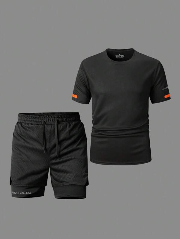 Minimalist Fashion Sportswear Set, Sports T-Shirt And Breathable Shorts, Sleeve Detail Accents Add Athletic Vibe, Suitable For Daily Sports Like Running, Gym, Hiking, Trekking