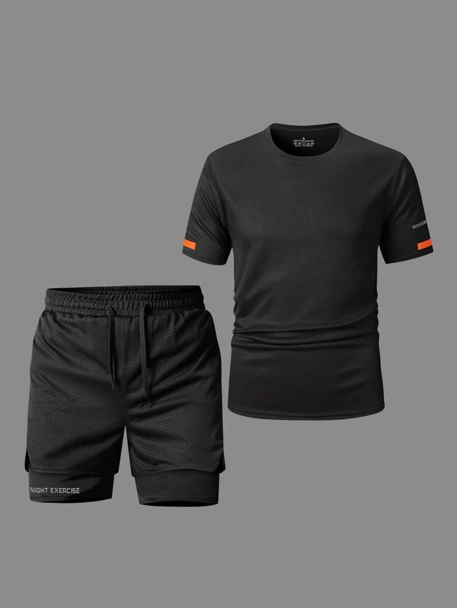 Conjunto de ropa deportiva de moda minimalista, camiseta deportiva y pantalones cortos transpirables, con detalles de mangas que agregan un toque atlético, apropiado para deportes diarios como correr, ir al gimnasio, senderismo, trekking - Negro - Ver 1