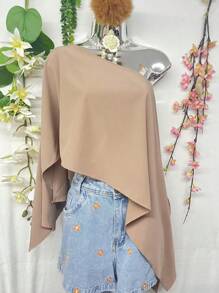 T090 XENA Women's Blouse With Bat Sleeve Cape Top, Dropped Shoulder Crepe Dune Neckline, With Underwear - 卡其色 - 查看 3