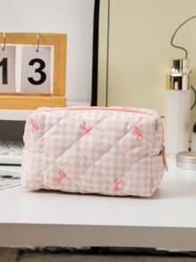 1 Stück neue karierte Schleifen Großraum-Clutch Aufbewahrungstasche, Münztasche tragbar, frisch und einfach, japanischer und koreanischer Studenten Beliebte Aufbewahrungstasche für Ausweise, Kosmetika, Datenkabel. Süßer, mädchenhafter Kosmetiktasche