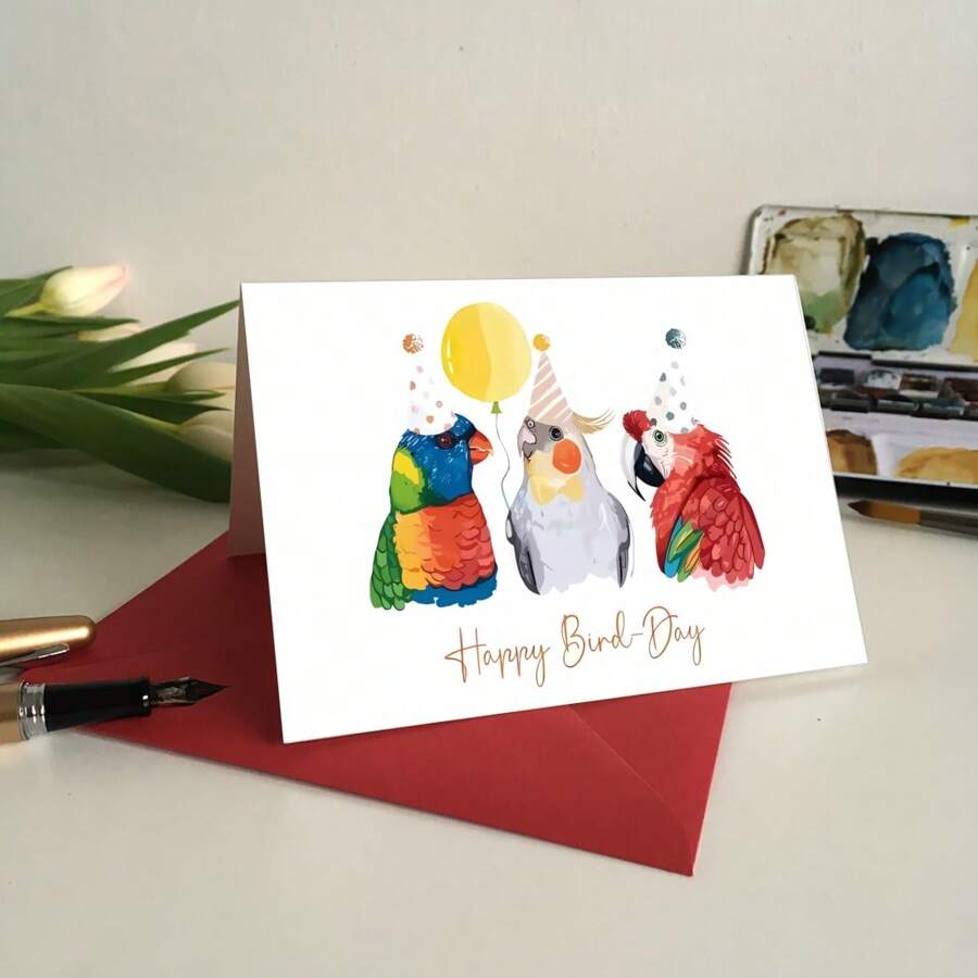1pc Parrot Birthday Greeting Card - Humorous Parrot Illustration, Congratulations And Well-Wishes For Any Occasion, 5*7 In With Thick Envelope - Red - View 1