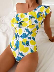 1 pieza Traje de baño de una pieza con hombro descubierto, volantes y estampado de limón, para mujer, para vacaciones de verano en la playa