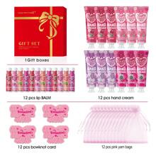 MISS FACTORX 48pcs/Box Hand Cream & Lip Balm Gift Set - Perfect For Wedding, Friends Gathering Or Party Favors! Includes 12 Pcs Hand Cream, 12 Pcs Lip Balm, 12 Pink Organza Bags And 12 Thank You Cards. Suitable For All Skin Types And Low-Allergy. Made With Natural Ingredients Like Coconut Oil And Glycerin.