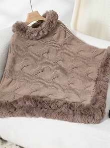 1pc Solid Color Warm Hooded Poncho With Braided Faux Fur Trim & Hollow Lace Trim