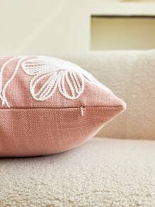 1pc Pink Floral Embroidered Decorative Pillow Cover, Suitable For Indoor Decoration, All Season Use, Covers Only