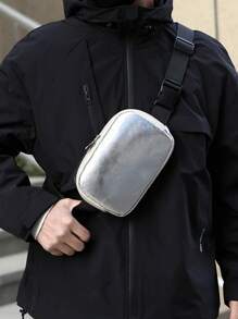 Portable Solid Color Glossy High-End Diagonal Crossbody Bag, Fashionable Men's Chest Bag Connected Waist Bag - Silver - View 2