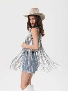 银色亮片无袖流苏亮片开襟背心