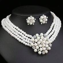 Fashionable Crystal Flower Pearl Necklace And Clip-On Earrings Set - White - View 3