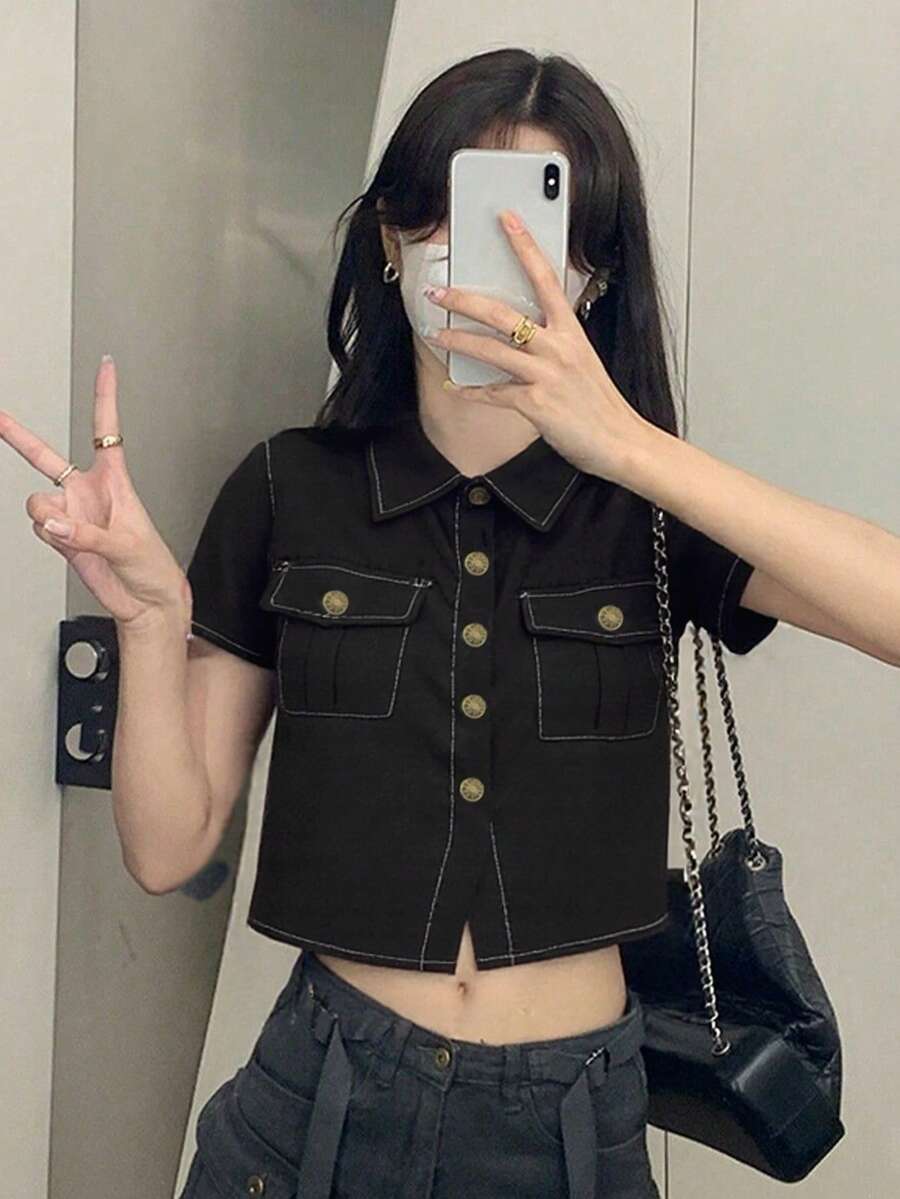 女士宽松纯色短袖休闲衬衫，适合日常穿着