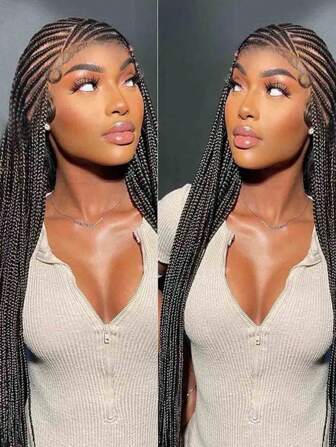 Helspets Cornrow flätade peruker Handgjorda syntetiska långa knutlösa låda Flätad peruk Spets främre flätor Peruker för kvinnor