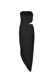 WOWDARK Women Autumn Strapless Hollow-Out Ruched Slit Dress - Black - View 10
