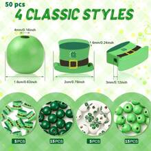 50 件圣帕特里克节木珠 DIY 天然绿色抛光木隔珠农舍木制圆珠带四叶草图案适用于圣帕特里克节家庭派对装饰工艺品制作装饰 - 彩色 - 查看 5