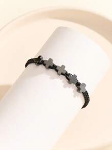 1pc Men's Handmade Cross Hematite Bead Bracelet, Fashionable & Minimalist Design, Suitable For Men And Women, Ideal Holiday Gift - Multicolor - View 3