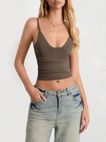 Women's Ruched Crop Cami Tops Sleeveless Spaghetti Strap Low Cut Camisole Summer Tank Tops - Brown - View 3