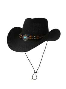 1 件装草帽，女士时尚波西米亚风格宽边太阳帽，涤纶材质，可调节拉绳，四季通用 - 彩色 - 查看 3