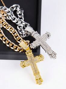1st volledig met strass bezette kruishanger aan dikke goudkleurige legeringketting, glanzend en sprankelend, past bij huisdieren zoals katten, honden, Franse bulldog, golden retriever, labrador, punk/hiphop/straatmode accessoire ketting