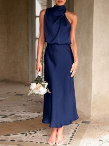 Women's Summer Satin Dress Elegant Sleeveless Fake Neckline Cocktail Gown - 深藏藍色 - 查看 4