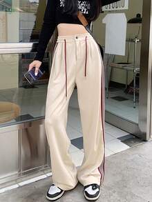 女士高腰抽绳阔腿宽松休闲运动裤、下装 - 杏色 - 查看 6