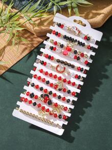 12pcs Set Kentucky Race Horse Glass Bead & Unicorn Derby Horseshoe Elastic Bracelet For Women
