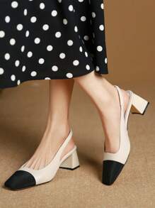 Xin Jing Shoes 2025秋冬新款女士时尚高跟鞋，双色方头粗跟露跟高跟鞋，优雅 - 米色 - 查看 7