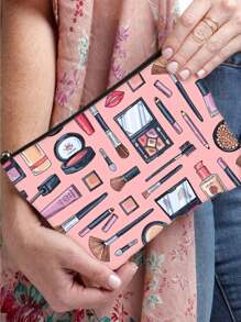 1pc Cartoon Makeup Pattern Polyester Cosmetic Bag, Portable Travel Toiletry Pouch With Lining, Double-Sided Printing, Gift For Mom, Friend, Teacher Travel Essentials Travel Accessories Travel Must Haves - Multicolor - View 3