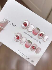 10 قطع أظافر قطّة باللون الوردي اللامع بتصميم يدوي ثلاثي الأبعاد على شكل الفراولة، ملصقات فني أظافر حلوة، قابلة لإعادة الاستخدام