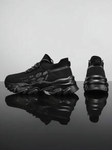 Men's Comfortable Shock-Absorbing Athletic Sneakers, Personalized Knitted Striped Casual Versatile Shoes, Outdoor Fashion Minimalist Lightweight Slip-On Couple Shoes - Black - View 7