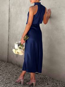 Women's Summer Satin Dress Elegant Sleeveless Fake Neckline Cocktail Gown - 深藏藍色 - 查看 2
