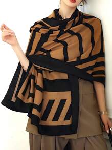 1 件亚麻印花围巾，防晒又透气，可作连衣裙披肩 - 棕色 - 查看 2