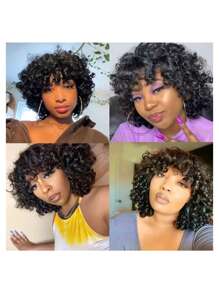 8-calowa krótka peruka Bob Curly z grzywką, peruka z ludzkich włosów Pixie Cut, sprężyste , do noszenia przez kobiety, brazylijskie włosy, bez koronki, peruka z przodu wykonana maszynowo, 8 cali