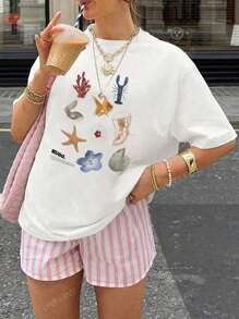 Camiseta de manga corta con cuello redondo, estilo casual y versátil de mujer para verano, con estampado de flores, langosta y vida marina, en estilo playero y callejero, de corte oversize