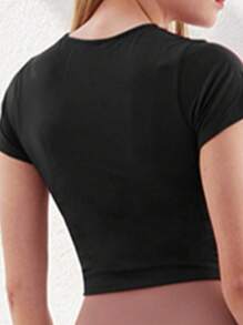 Women's Fitness Crop Top Tee, Funny Graphic T-Shirt, Black Short Workout Top, Fashion Tie-Front Cardigan, Yoga Activewear - Black - View 2