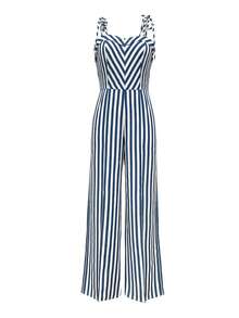 Mono informal de mujer con rayas y abertura lateral con lazo, para primavera/verano - Azul y blanco - Ver 2